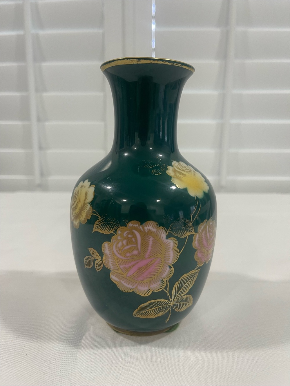 Vintage Schumann Bavarian Green Floral Porcelain Vase with Gold Accents